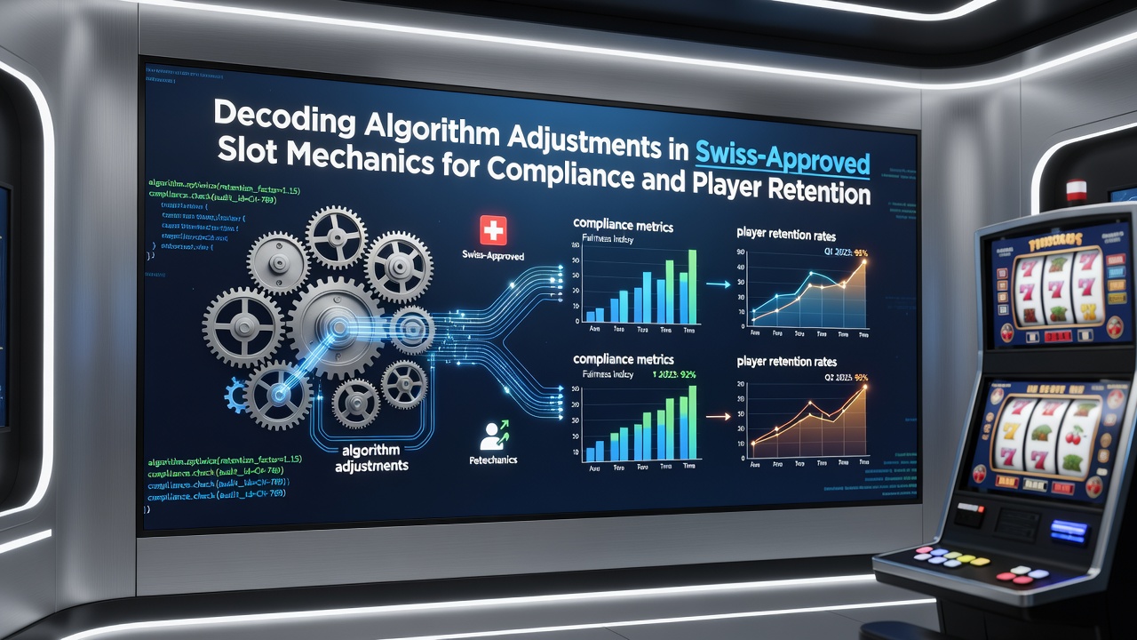Swiss-approved slot machine interface showing algorithm parameters and regulatory compliance indicators